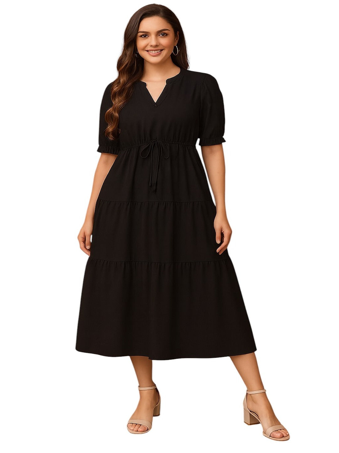 GAB Classic Black Cotton Fit & Flare Midi Dress