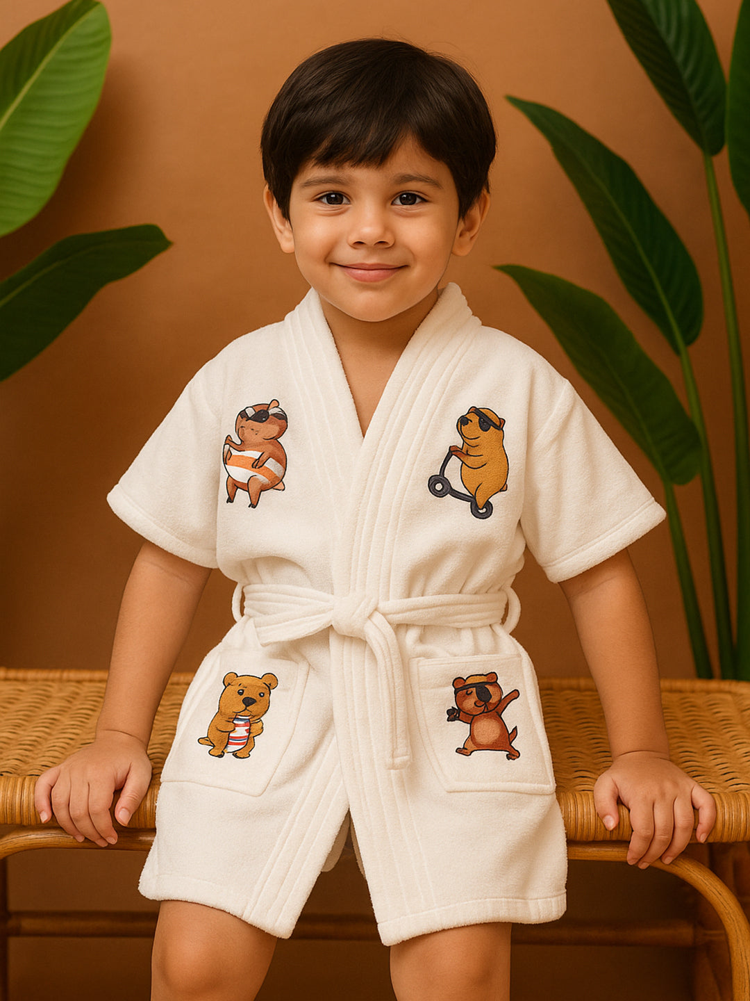 GAB Kids Printed Pure Cotton Shawl Neck Bath Robe With Belt
