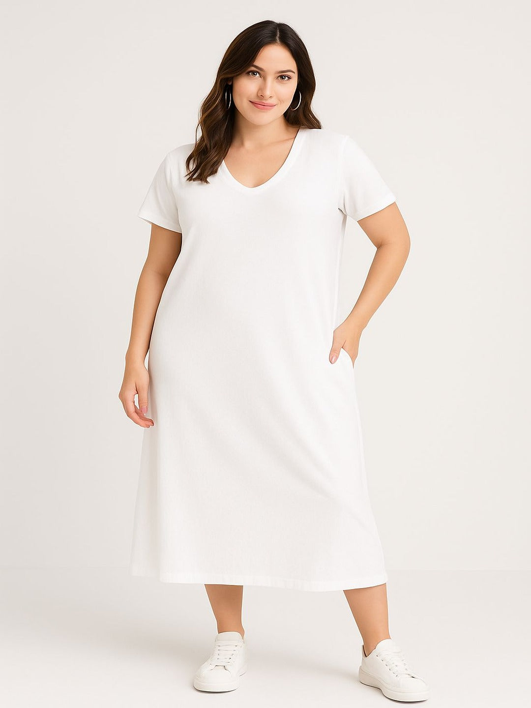 Women's Solid V Neck T shirt Style Dress