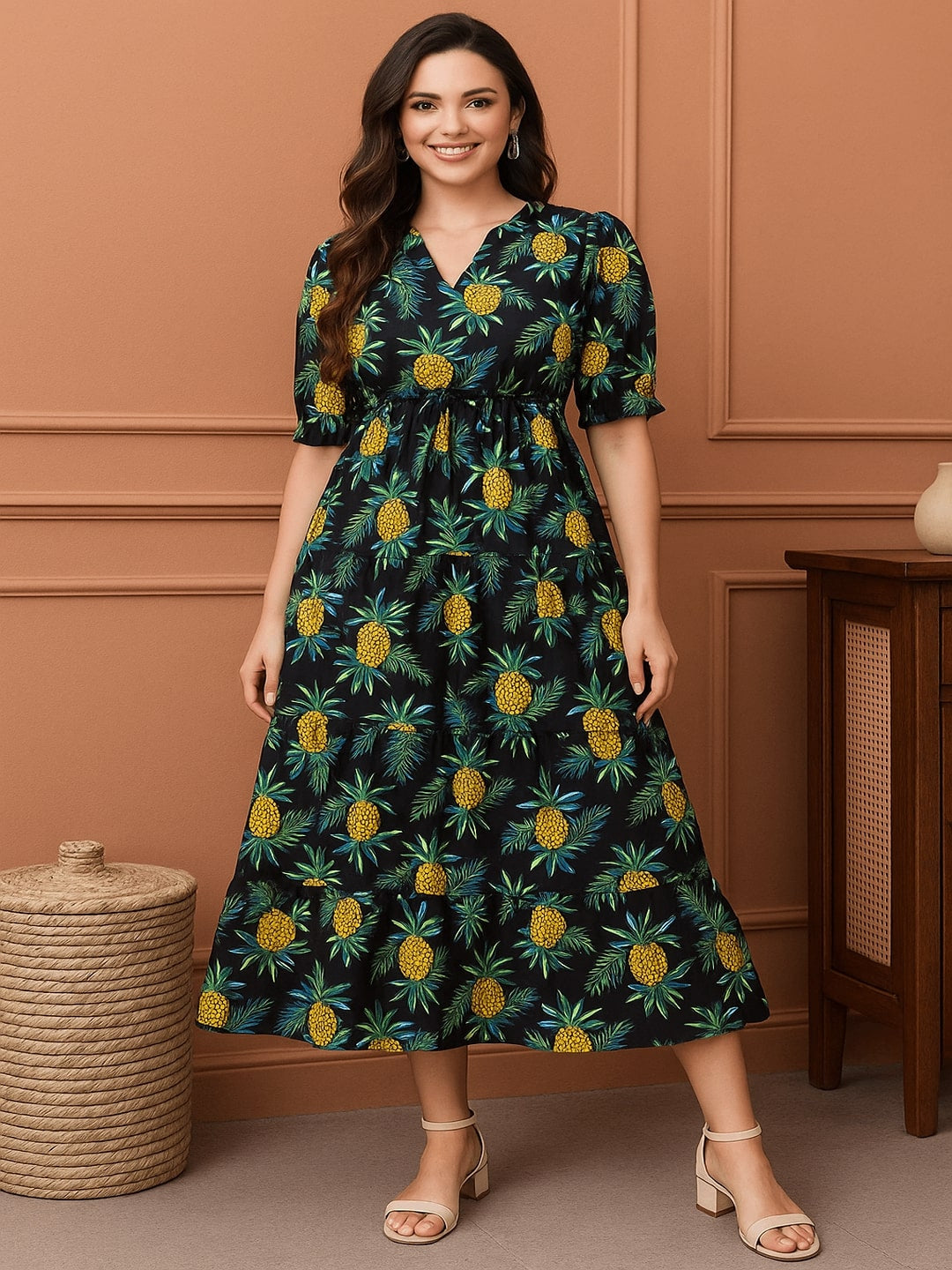 Women Tropical Printed Gathered Cotton Fit & Flare Midi Dress