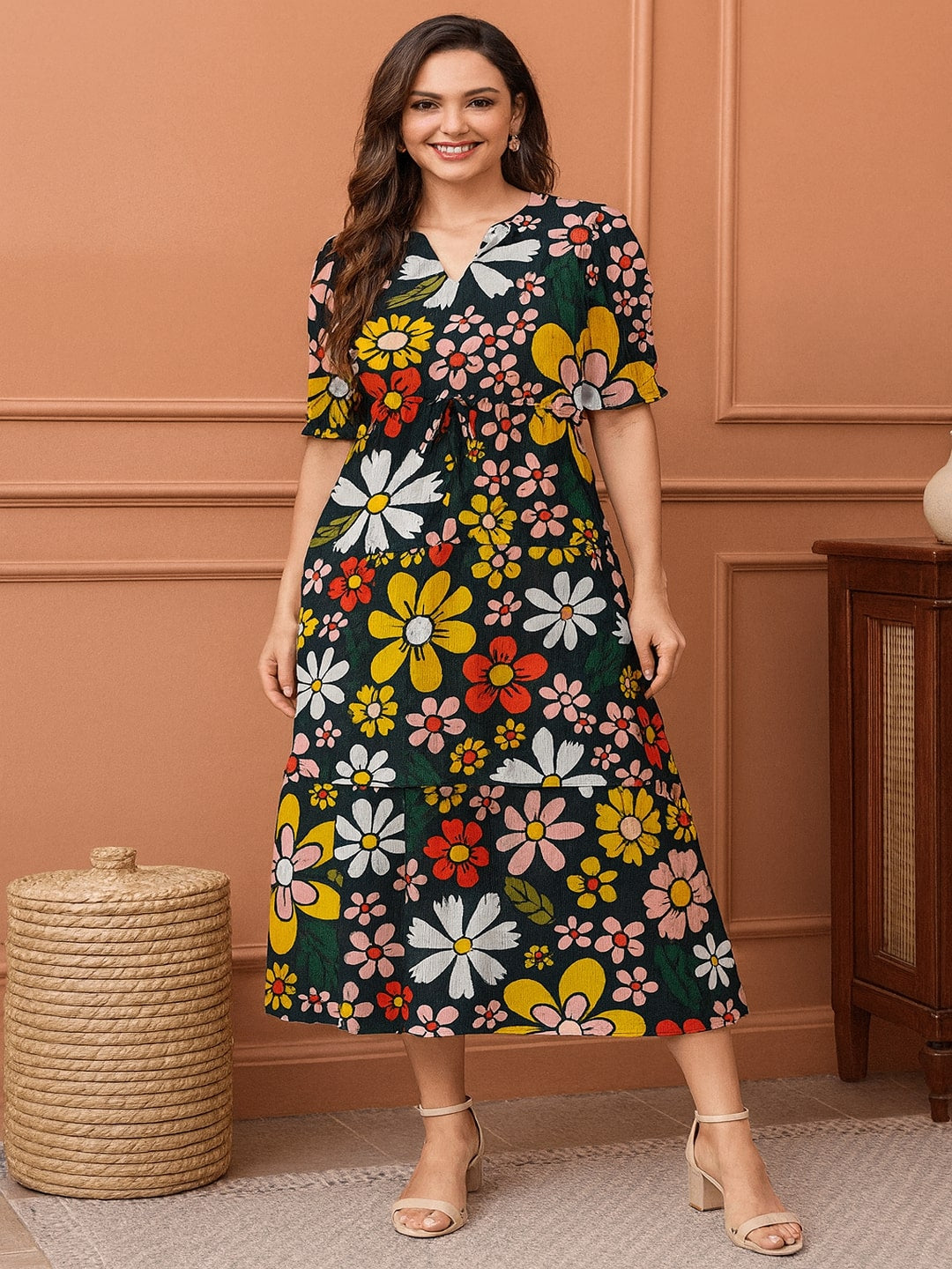 Floral Printed Puff Sleeve Cotton Fit & Flare Midi Dress