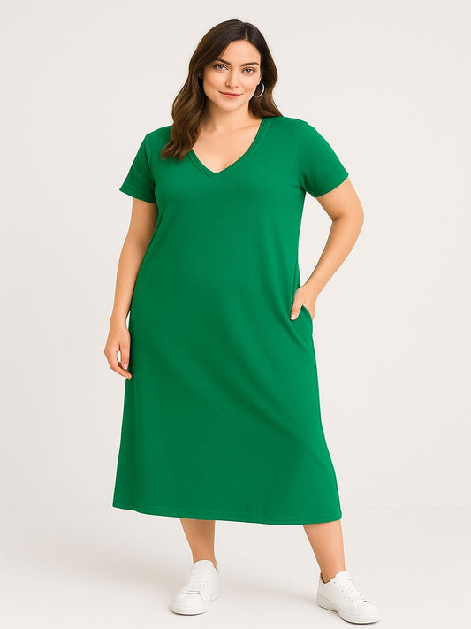 Women's Solid V Neck T shirt Style Dress