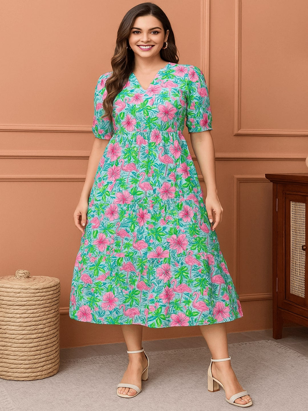 Floral Printed V-Neck Puff Sleeves Cotton Fit & Flare Midi Dress