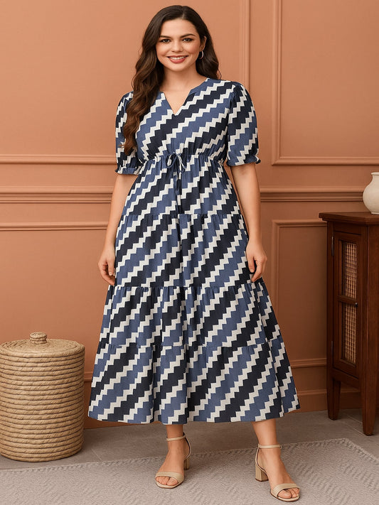 Women Geometric Printed Gathered Tiered Pure Cotton Fit & Flare Midi Dress