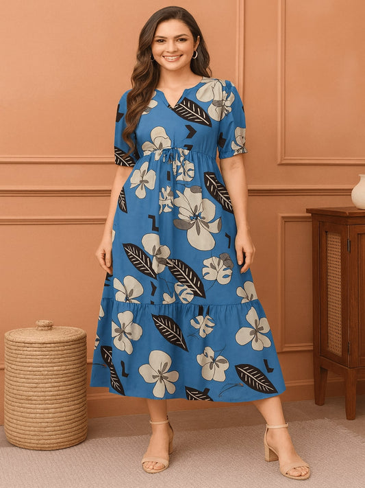 Classic Floral Printed Pure Cotton V- Neck A-Line Midi Dress