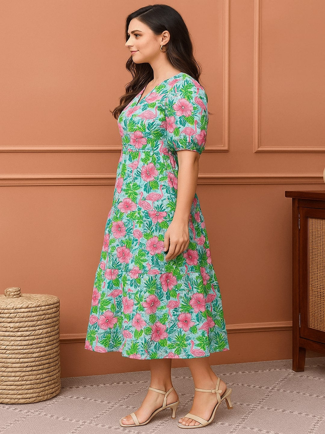 Floral Printed V-Neck Puff Sleeves Cotton Fit & Flare Midi Dress