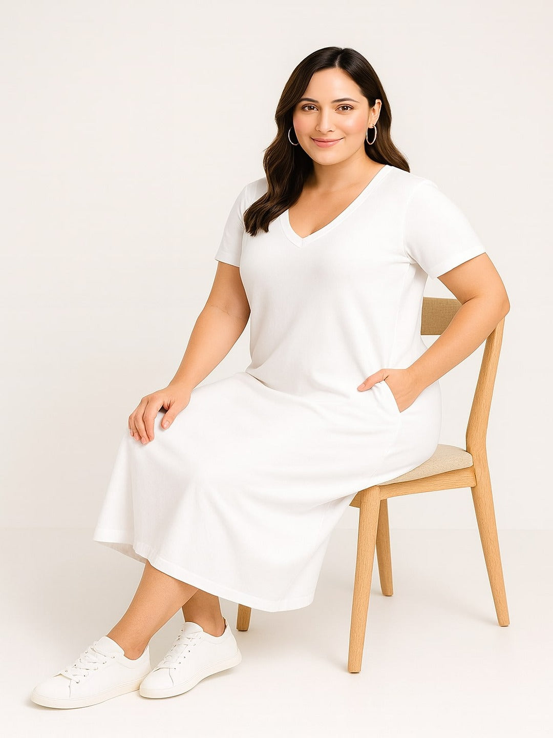 Women's Solid V Neck T shirt Style Dress