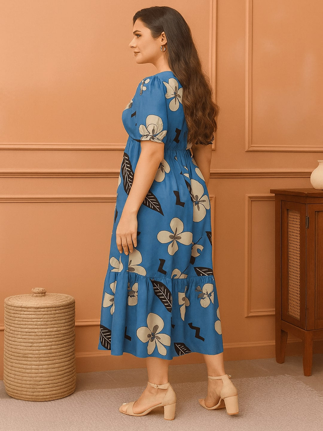 Classic Floral Printed Pure Cotton V- Neck A-Line Midi Dress