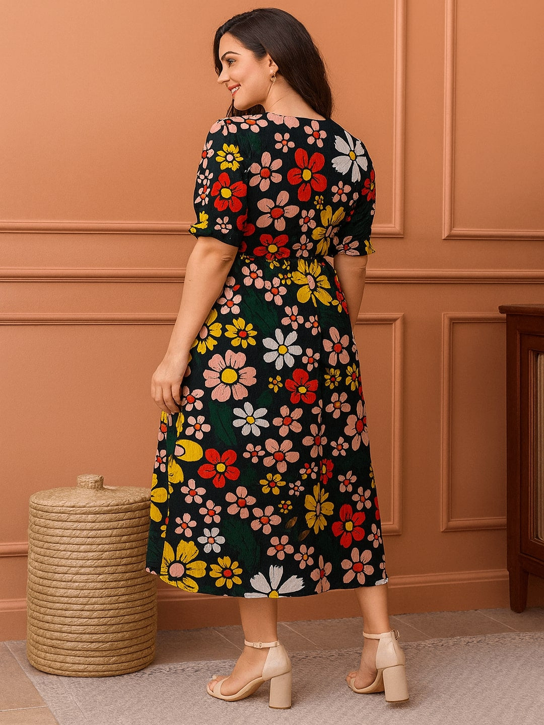 Floral Printed Puff Sleeve Cotton Fit & Flare Midi Dress