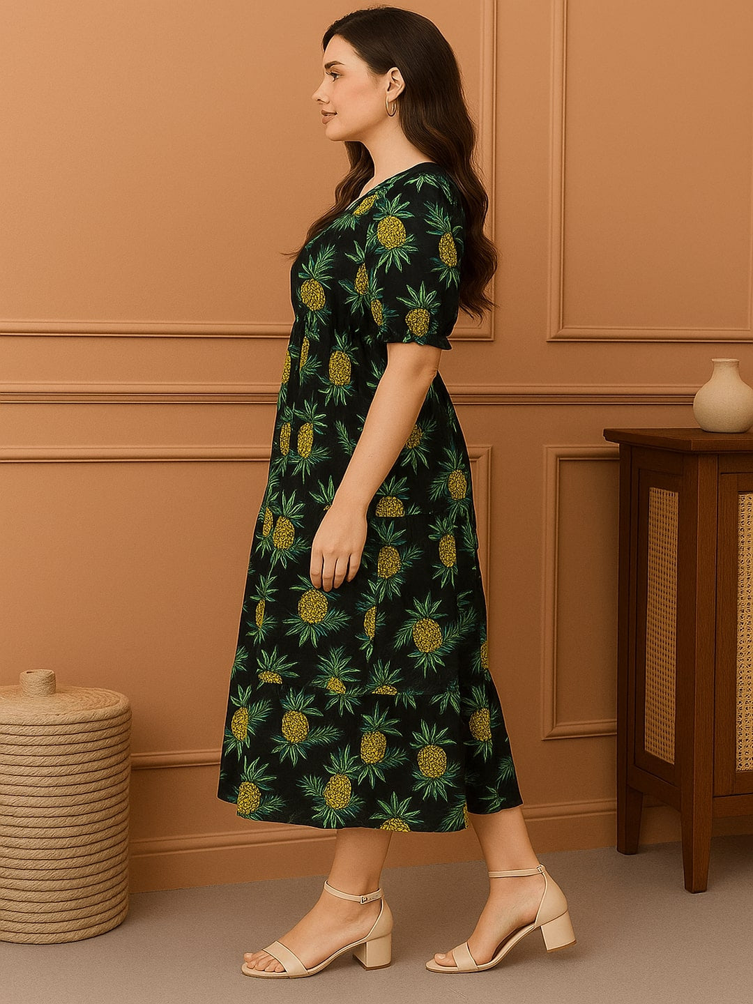 Women Tropical Printed Gathered Cotton Fit & Flare Midi Dress