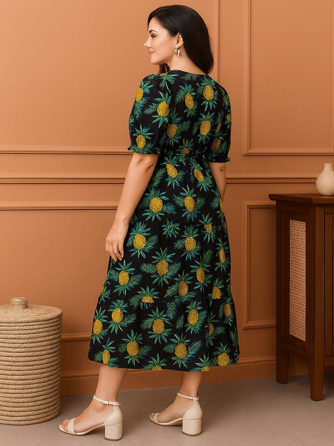 Women Tropical Printed Gathered Cotton Fit & Flare Midi Dress