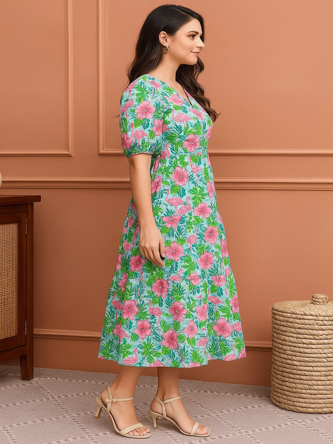 Floral Printed V-Neck Puff Sleeves Cotton Fit & Flare Midi Dress