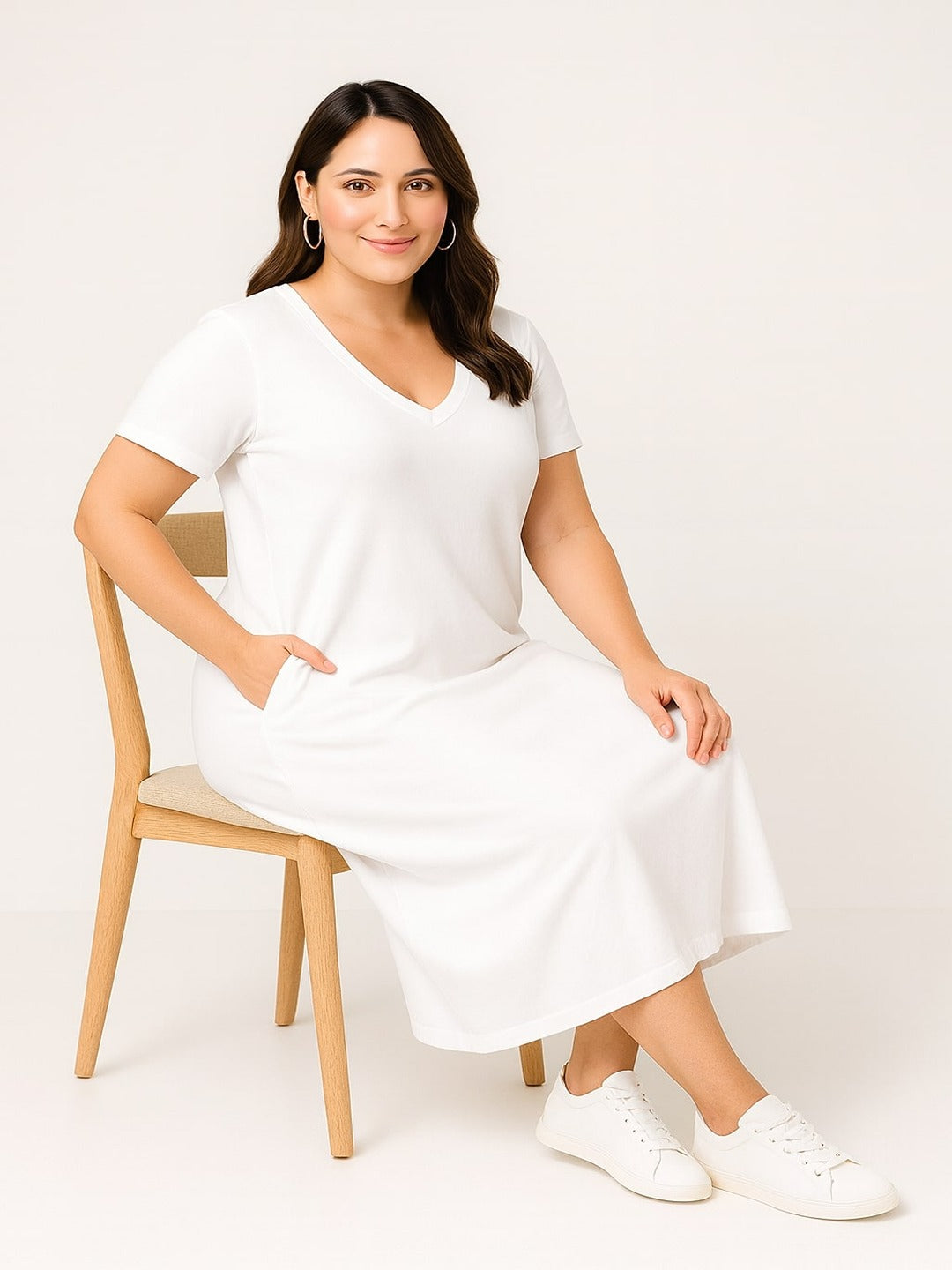 Women's Solid V Neck T shirt Style Dress