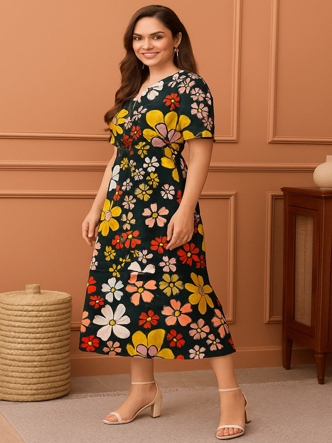 Floral Printed Puff Sleeve Cotton Fit & Flare Midi Dress