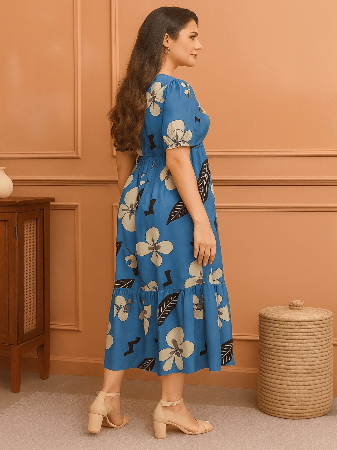 Classic Floral Printed Pure Cotton V- Neck A-Line Midi Dress