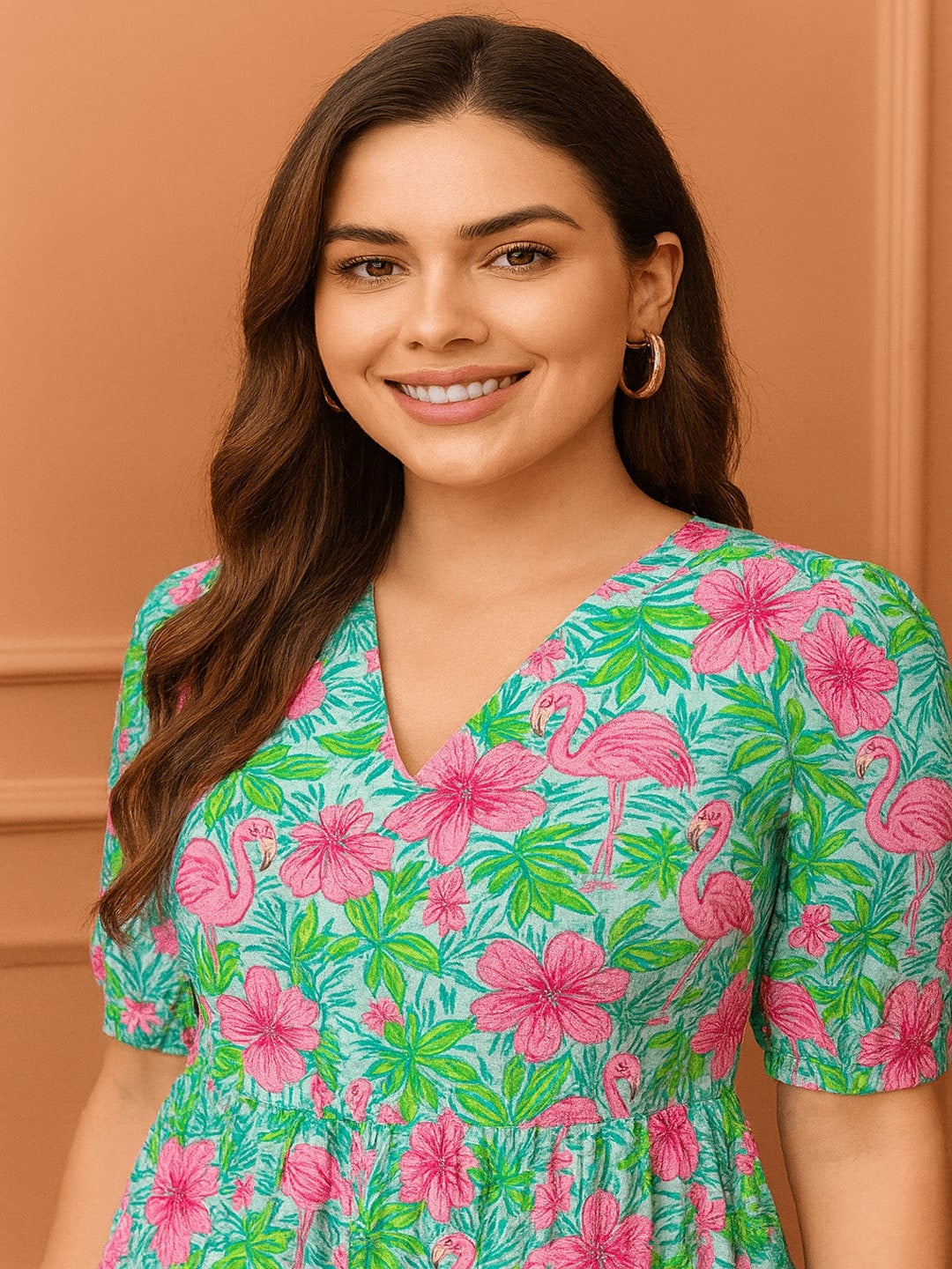 Floral Printed V-Neck Puff Sleeves Cotton Fit & Flare Midi Dress