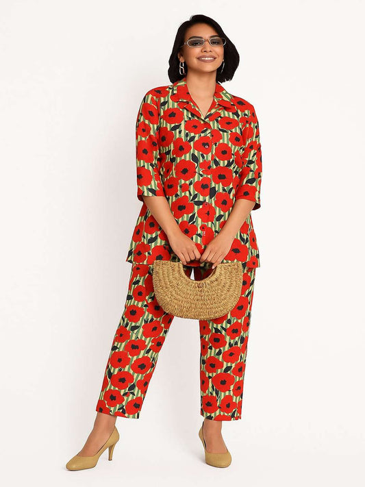 Printed Pure Cotton Shirt Collar Neck Tunic With Trousers Co-Ords