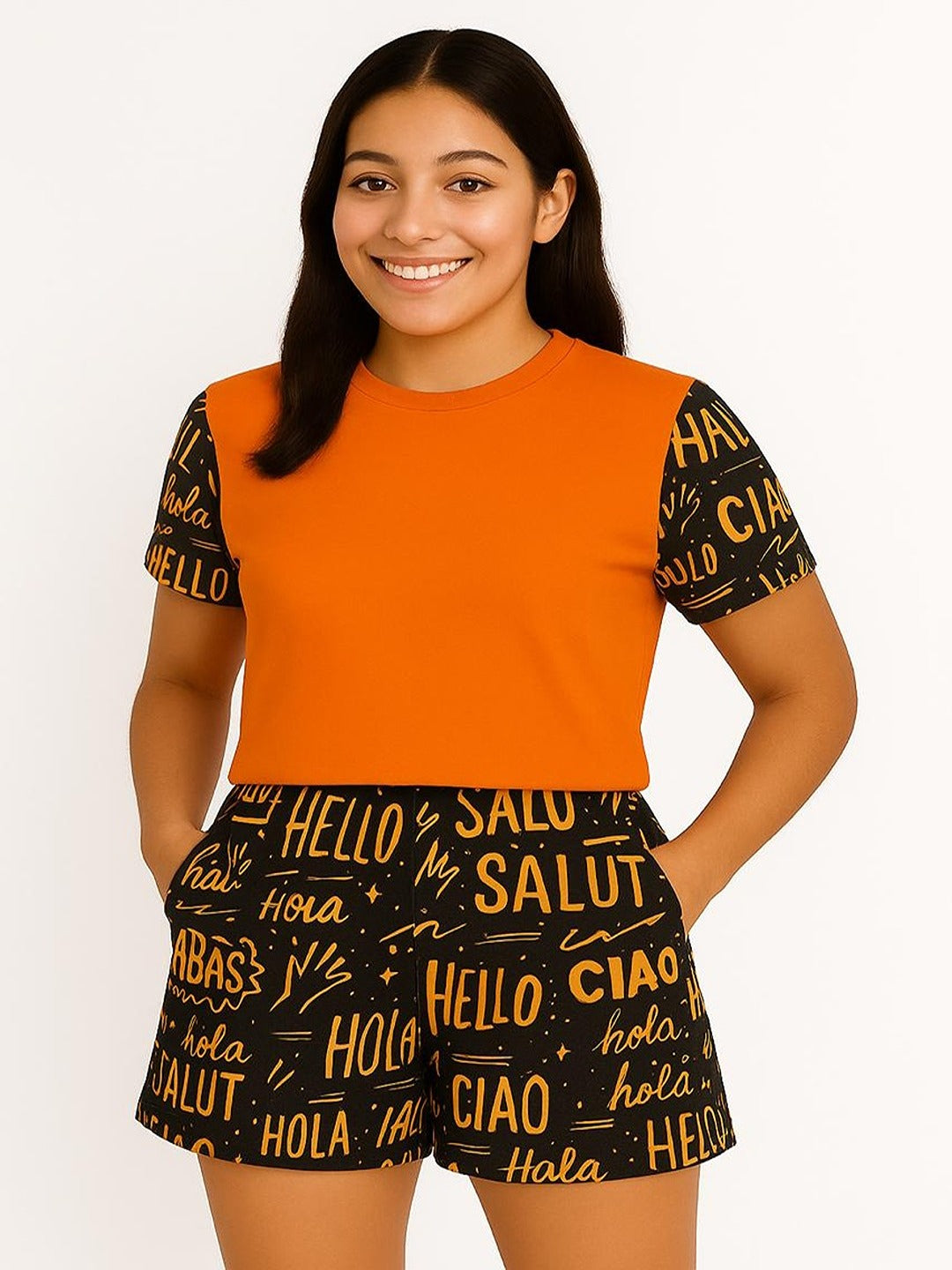 GAB 100% Cotton Adult-Women Solid Top With  Printed Shorts Co-Ord Set