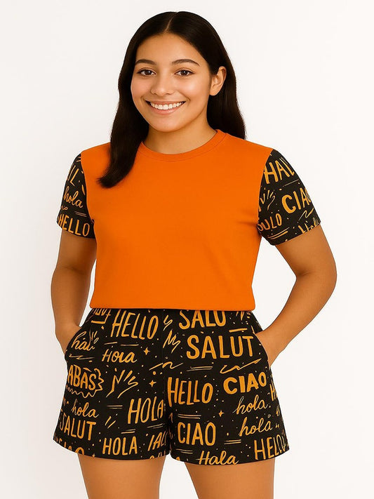 GAB 100% Cotton Adult-Women Solid Top With  Printed Shorts Co-Ord Set