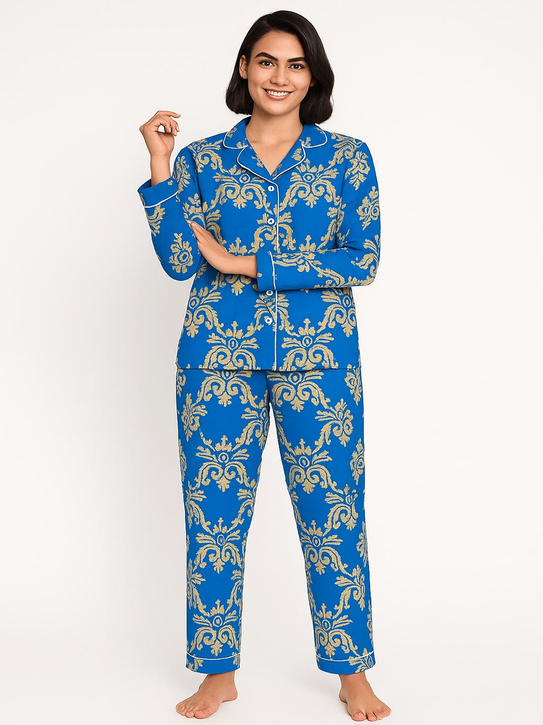 Women Floral Printed Lapel Collar Shirt With Pyajamas