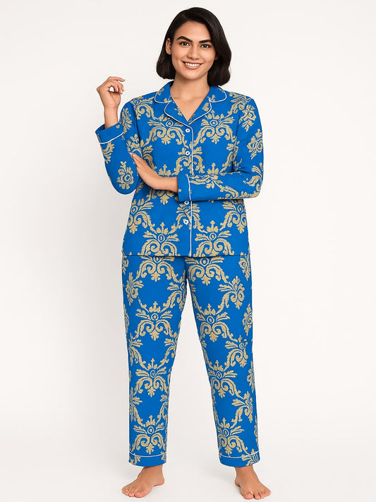 Women Floral Printed Lapel Collar Shirt With Pyajamas