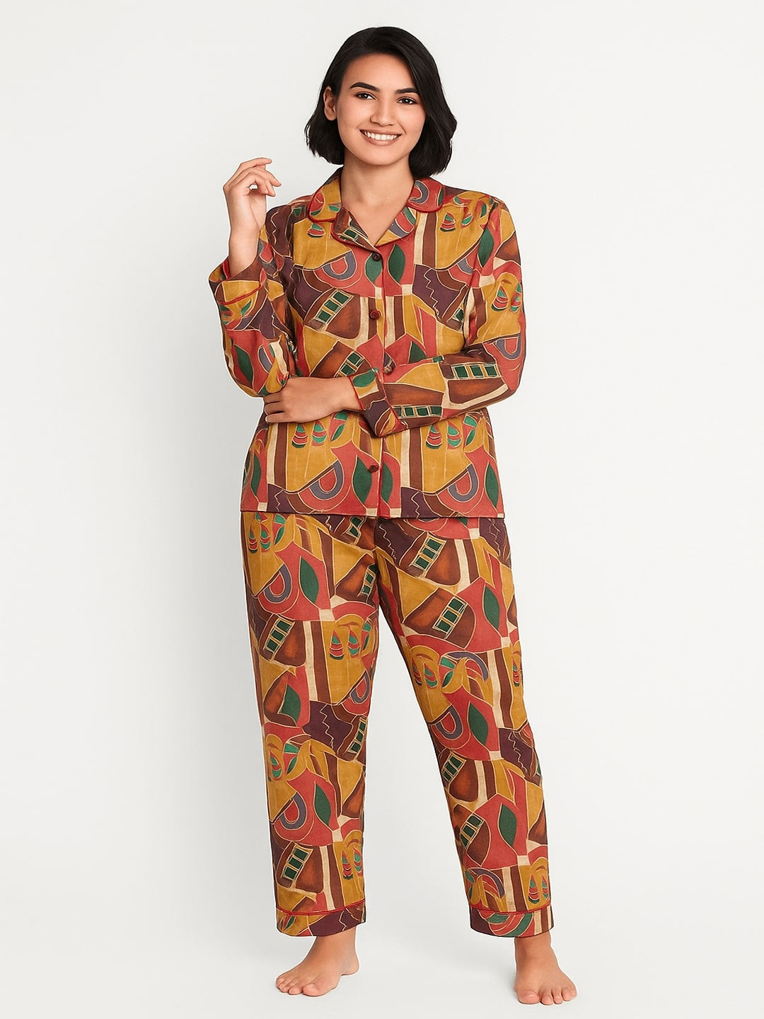 Women Abstract Printed Lapel Collar Shirt With Pyajamas