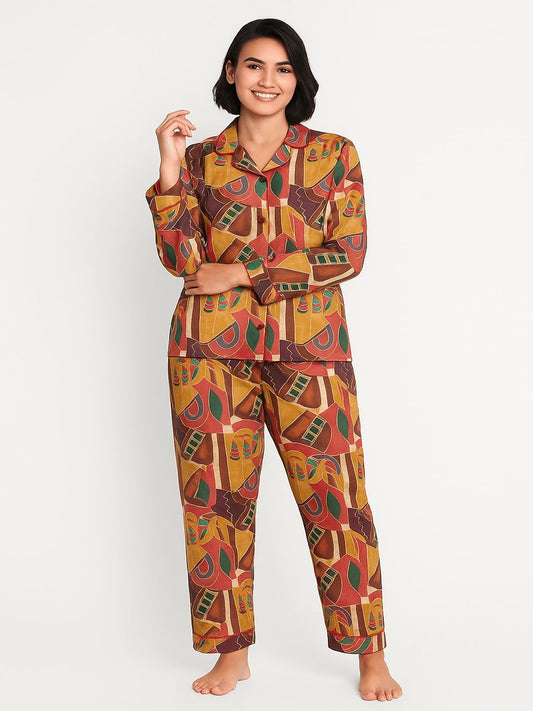 Women Abstract Printed Lapel Collar Shirt With Pyajamas