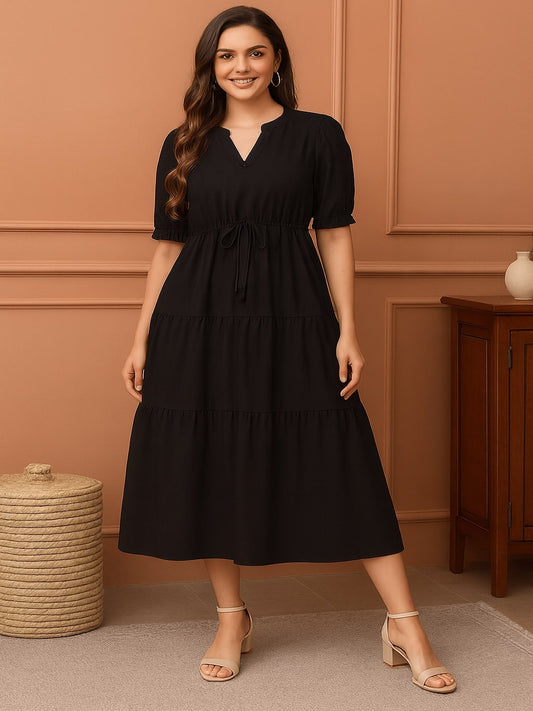 GAB Classic Black Cotton Fit & Flare Midi Dress