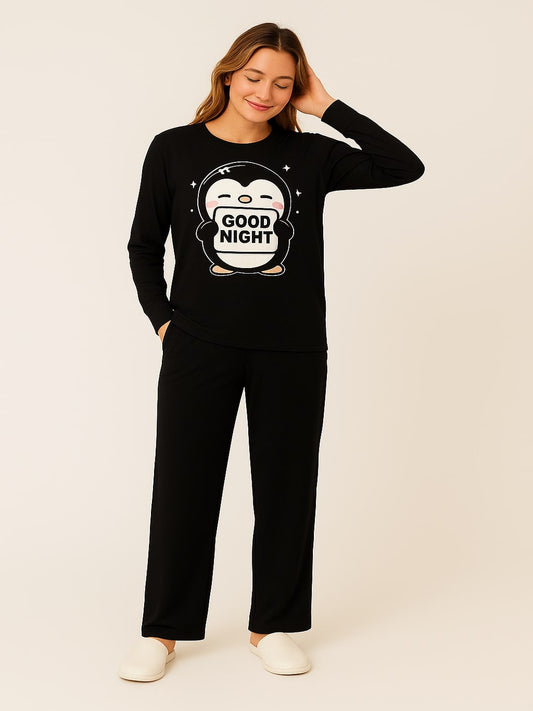 Printed Pure Cotton Round Neck T-Shirt Slip On Pyjama Night Suit