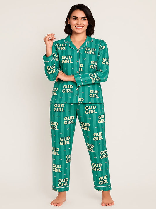 GAB Typography Printed Lapel Collar  Night suit