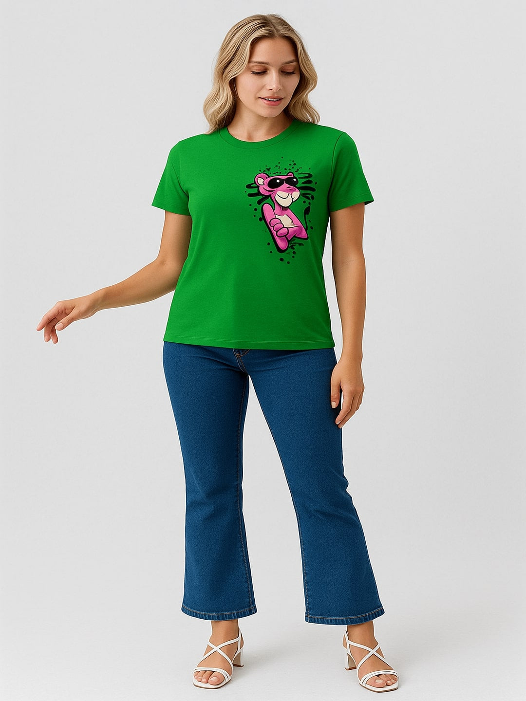Women Pink Panther Graphic Printed Round Neck Pure Cotton T-shirt