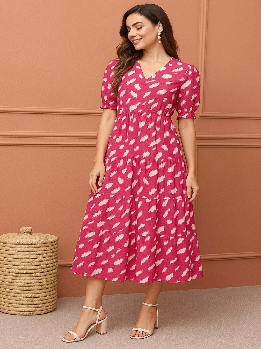 GAB Classic Pink Cotton Fit & Flare Midi Dress