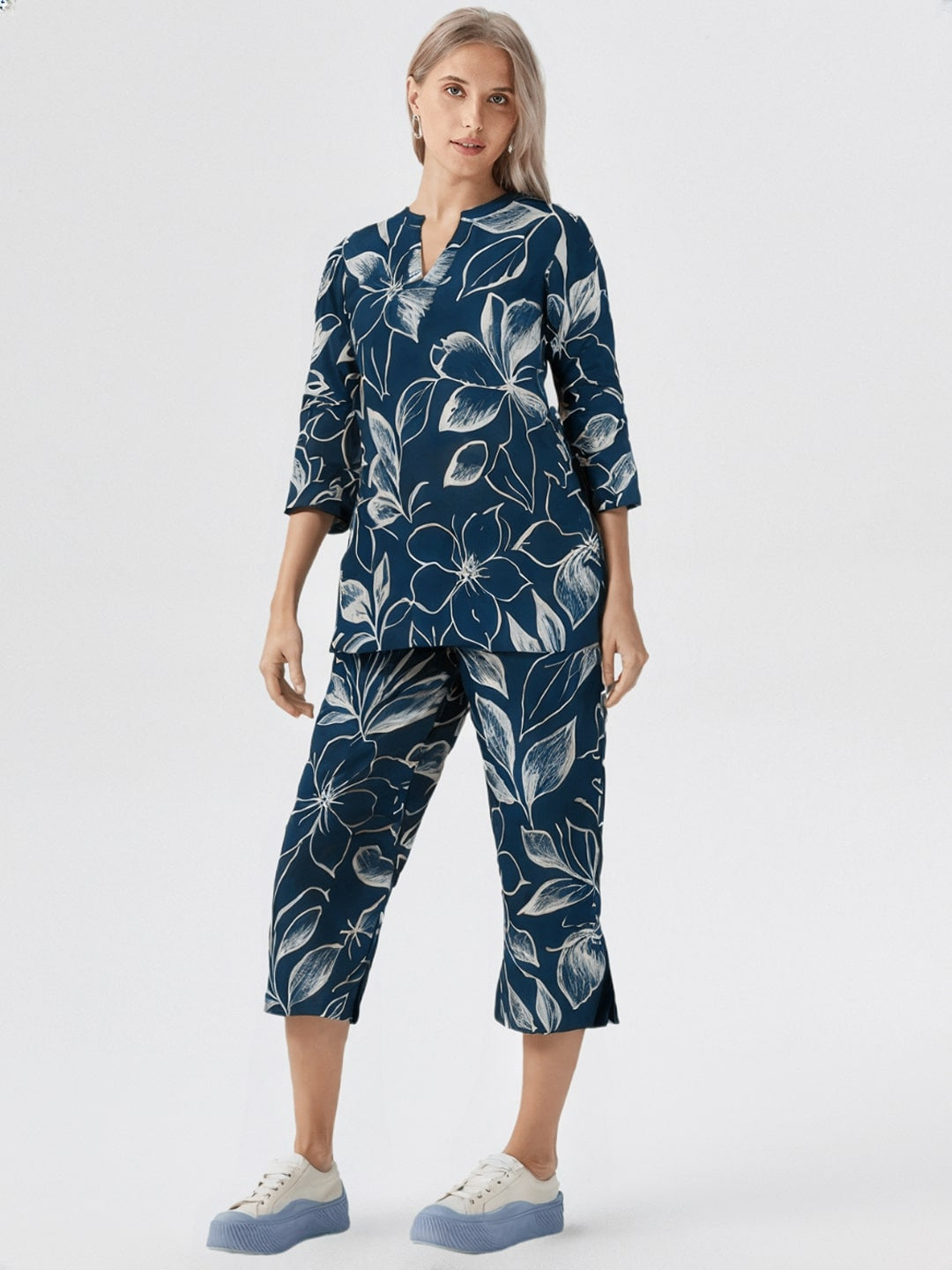 Floral Printed Mandarin Collar Pure Cotton Tunic With Capris