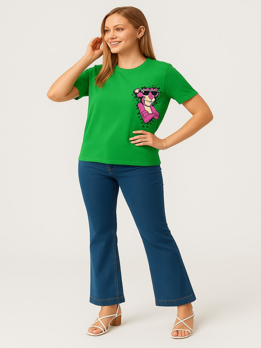 Women Pink Panther Graphic Printed Round Neck Pure Cotton T-shirt