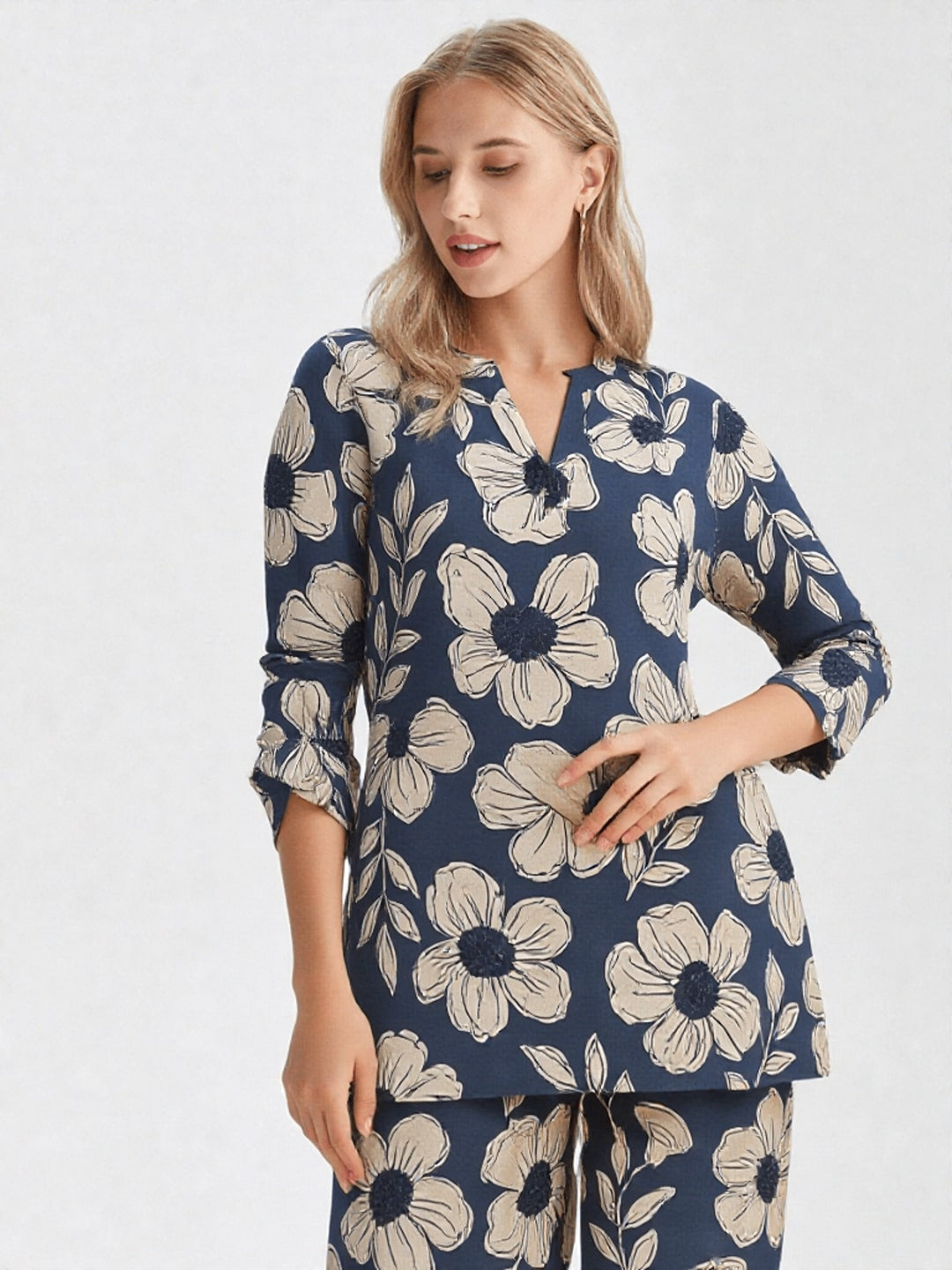 Printed V-Neck Pure Cotton Tunic With Trouser