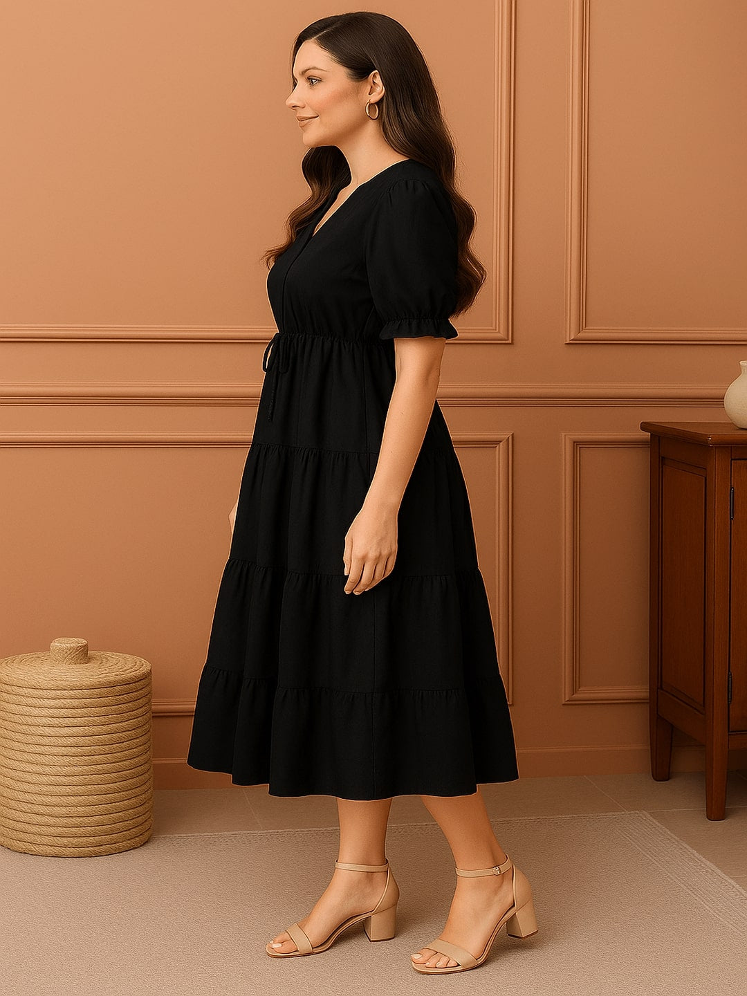GAB Classic Black Cotton Fit & Flare Midi Dress