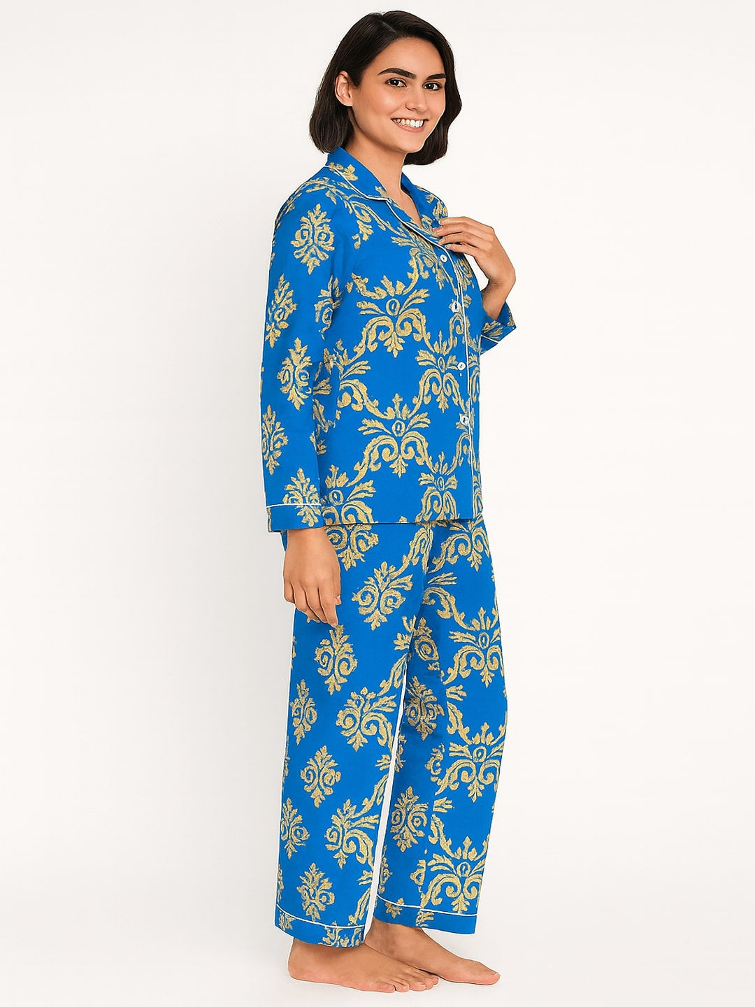 Women Floral Printed Lapel Collar Shirt With Pyajamas