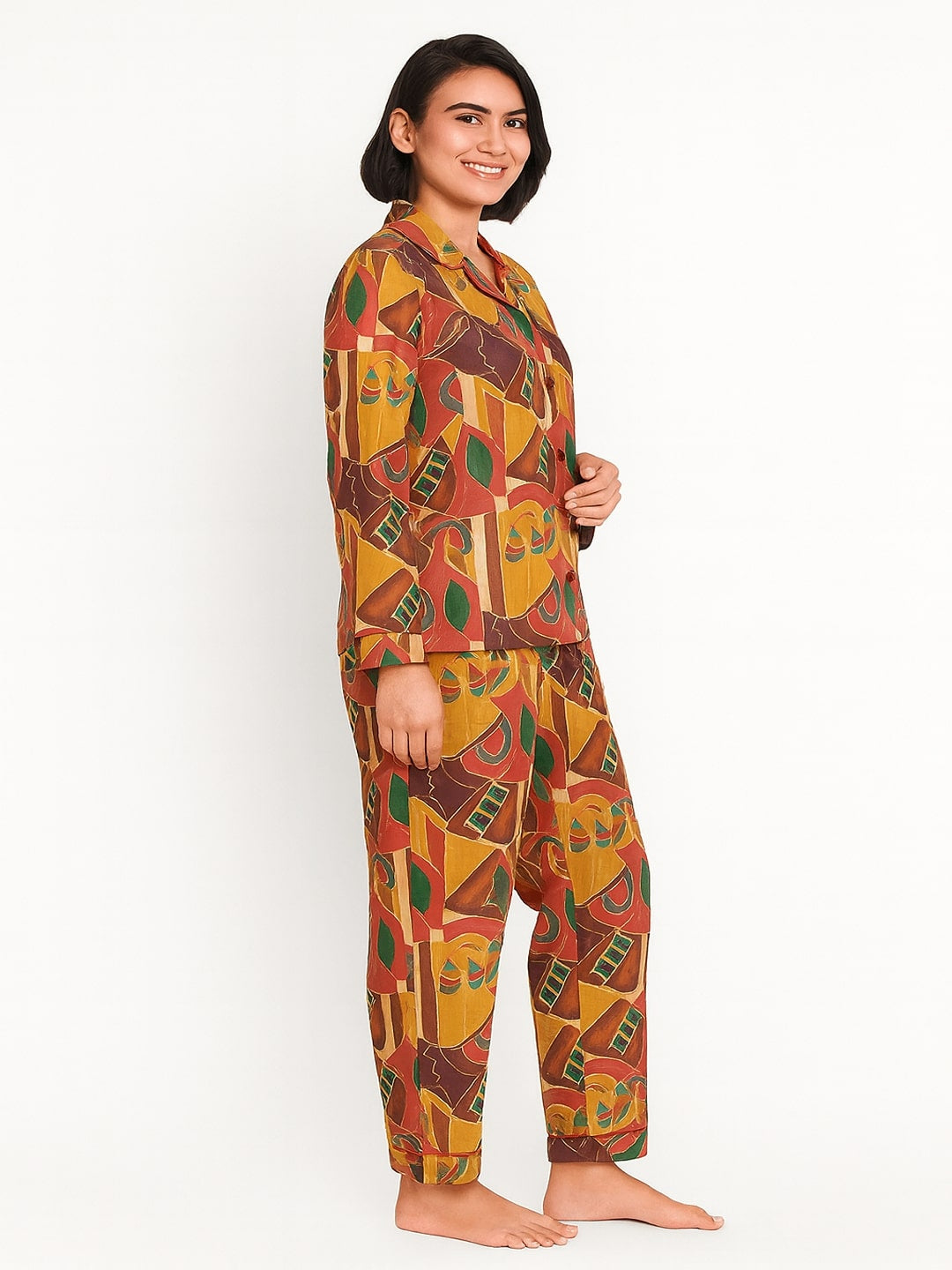 Women Abstract Printed Lapel Collar Shirt With Pyajamas