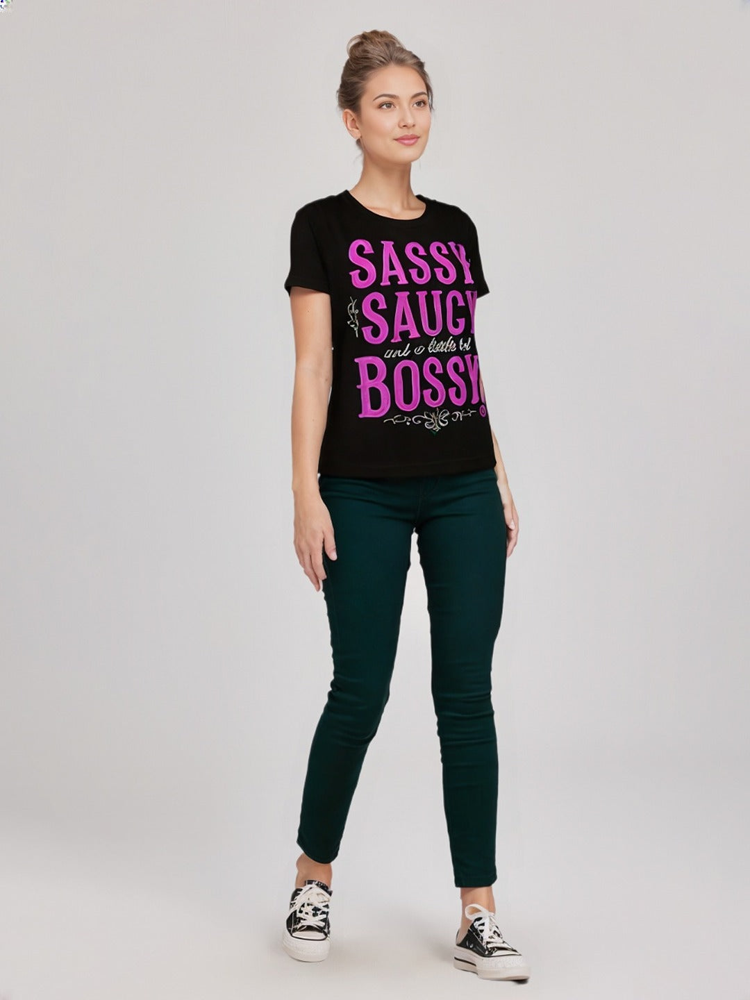 Women Typography Printed Round Neck Cotton T-shirt