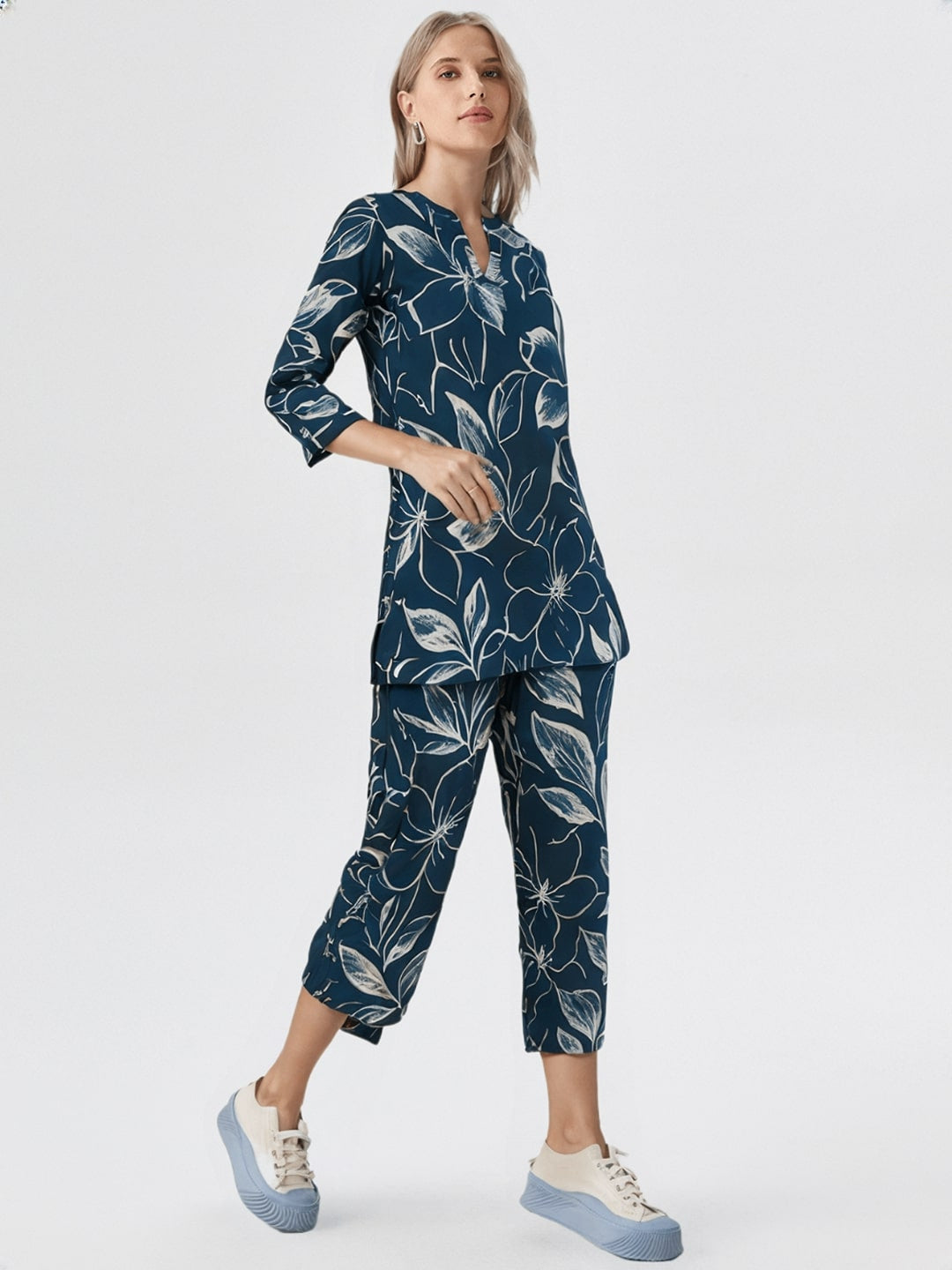 Floral Printed Mandarin Collar Pure Cotton Tunic With Capris