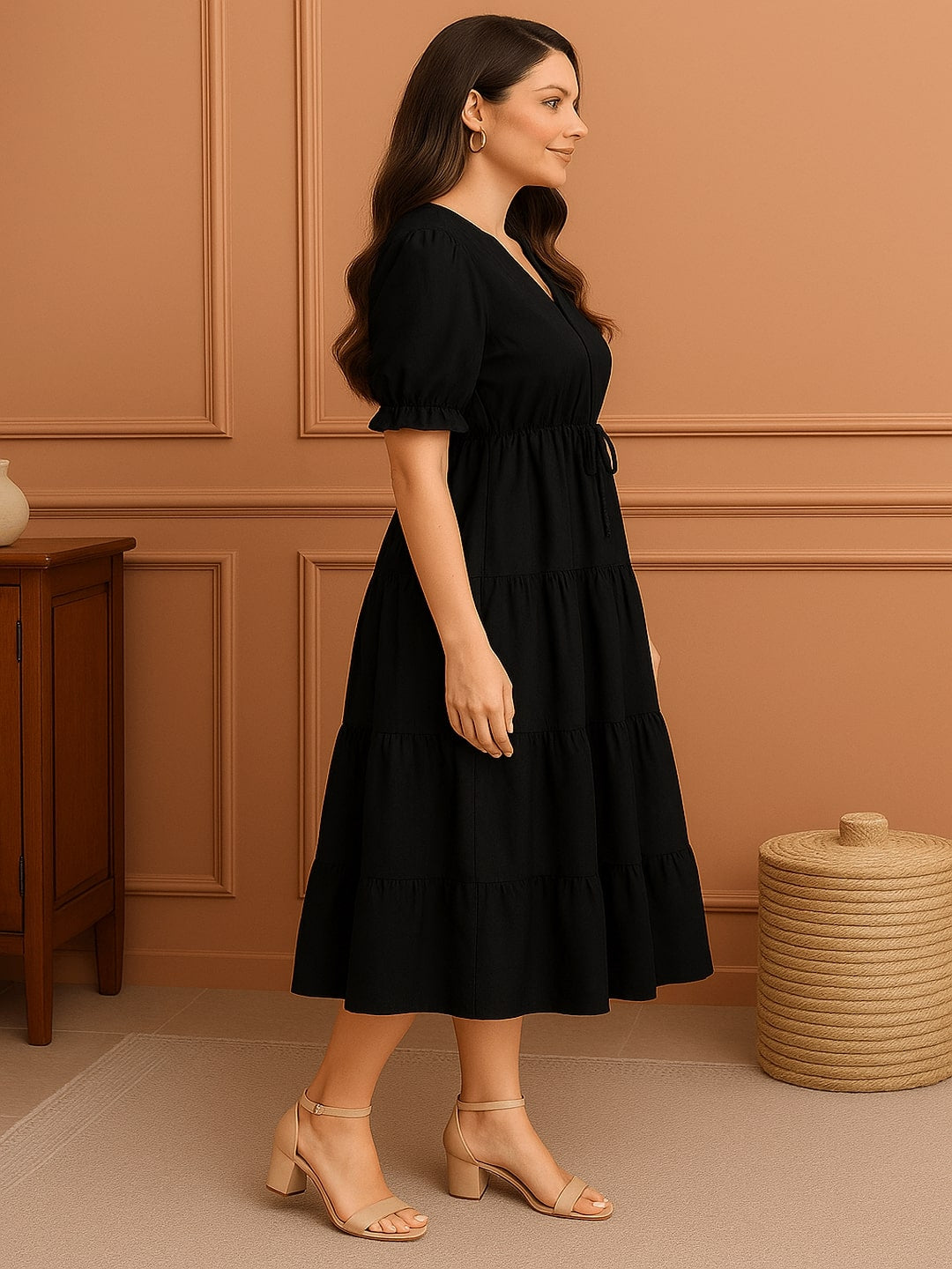 GAB Classic Black Cotton Fit & Flare Midi Dress