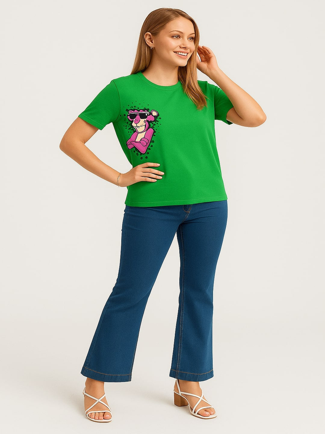 Women Pink Panther Graphic Printed Round Neck Pure Cotton T-shirt