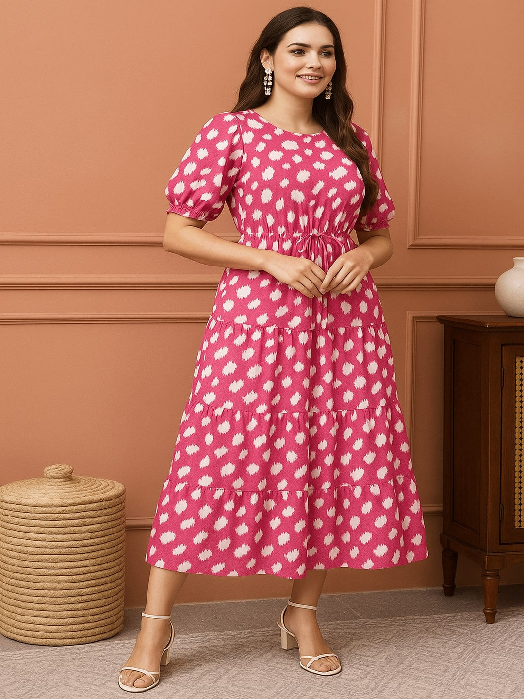 GAB Classic Pink Cotton Fit & Flare Midi Dress