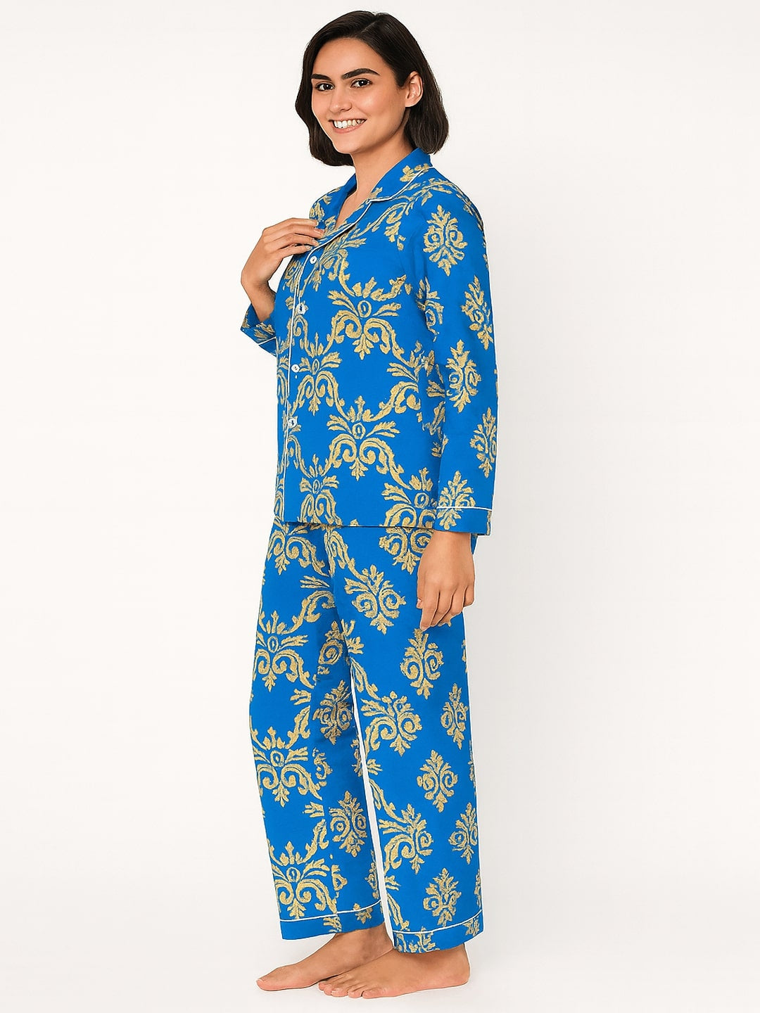 Women Floral Printed Lapel Collar Shirt With Pyajamas