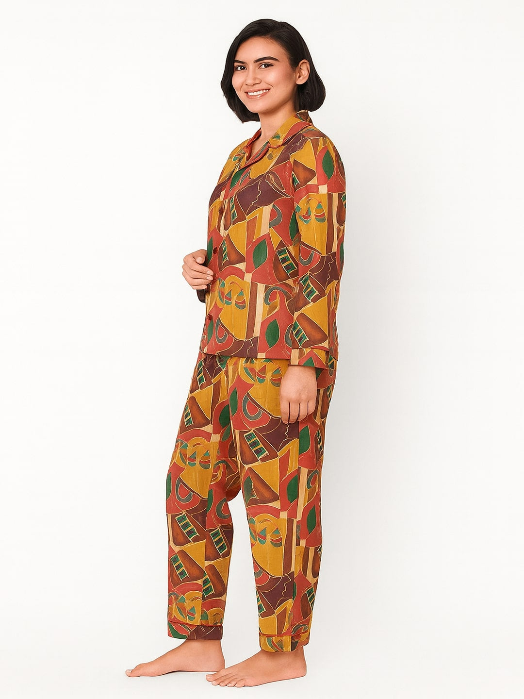 Women Abstract Printed Lapel Collar Shirt With Pyajamas