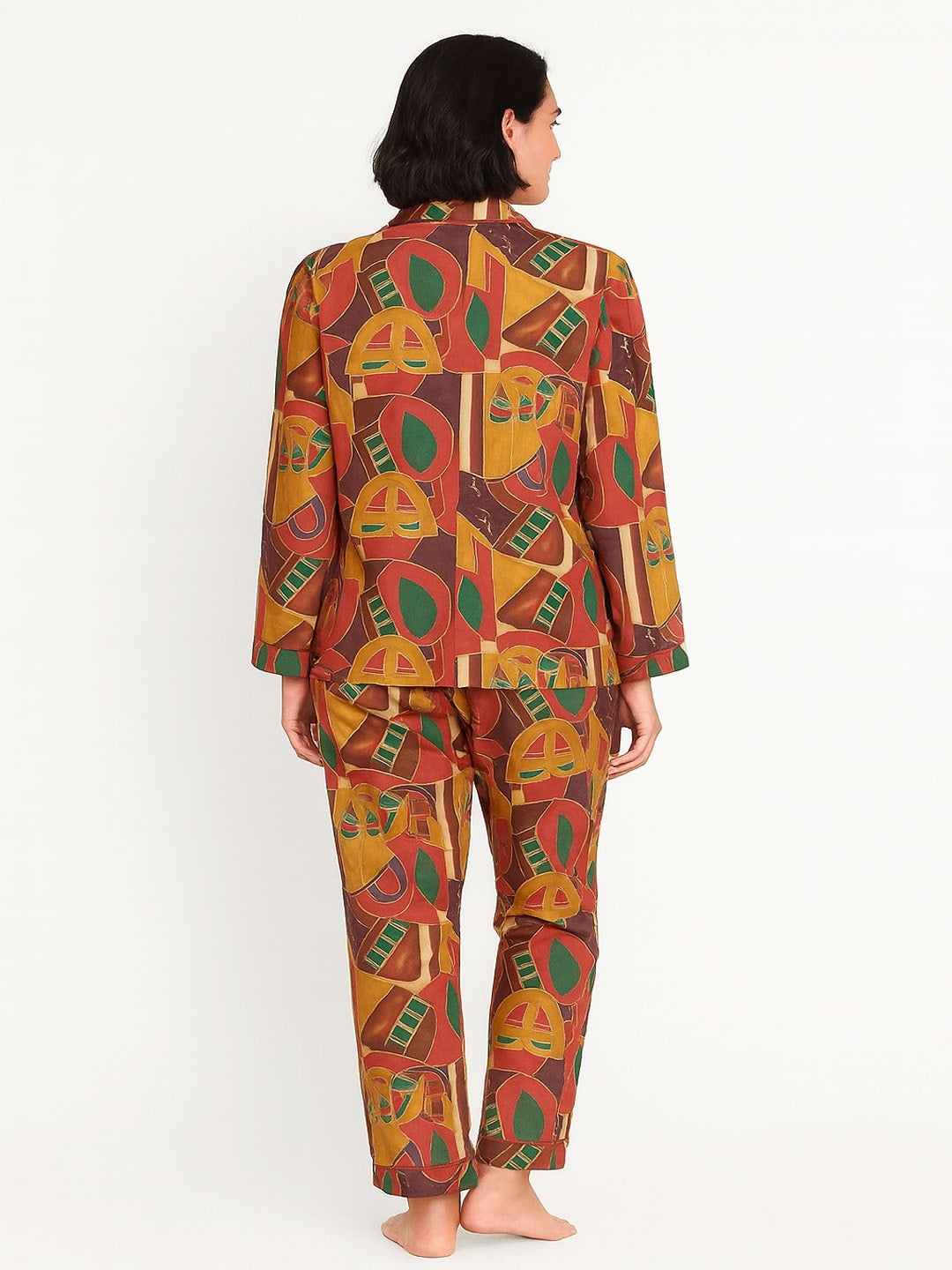 Women Abstract Printed Lapel Collar Shirt With Pyajamas