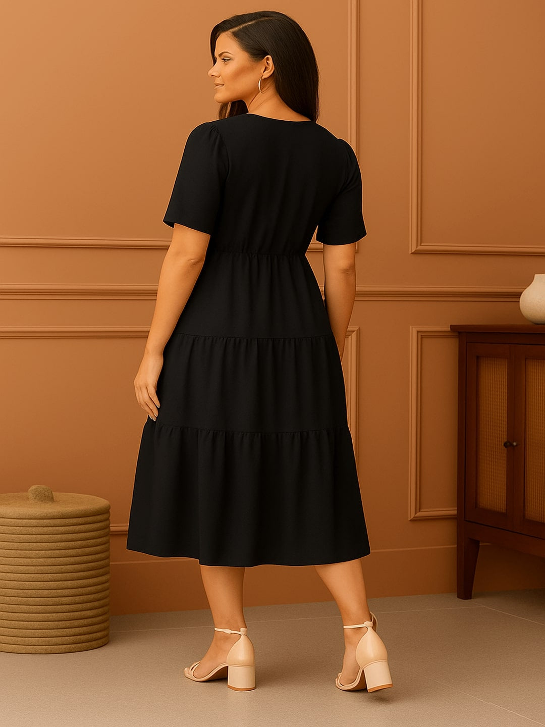 GAB Classic Black Cotton Fit & Flare Midi Dress