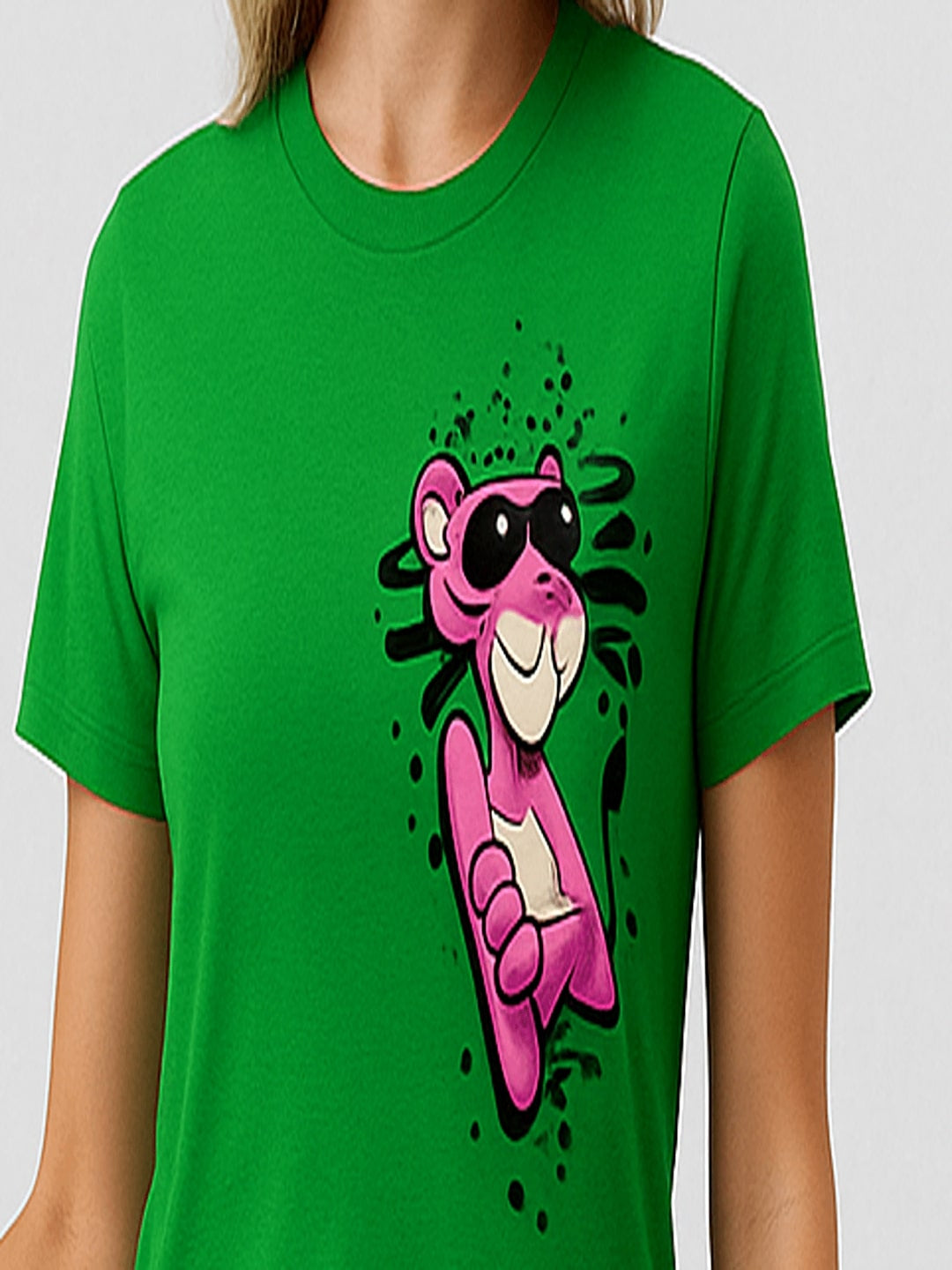 Women Pink Panther Graphic Printed Round Neck Pure Cotton T-shirt