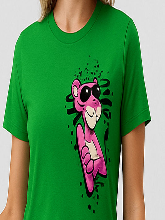 Women Pink Panther Graphic Printed Round Neck Pure Cotton T-shirt
