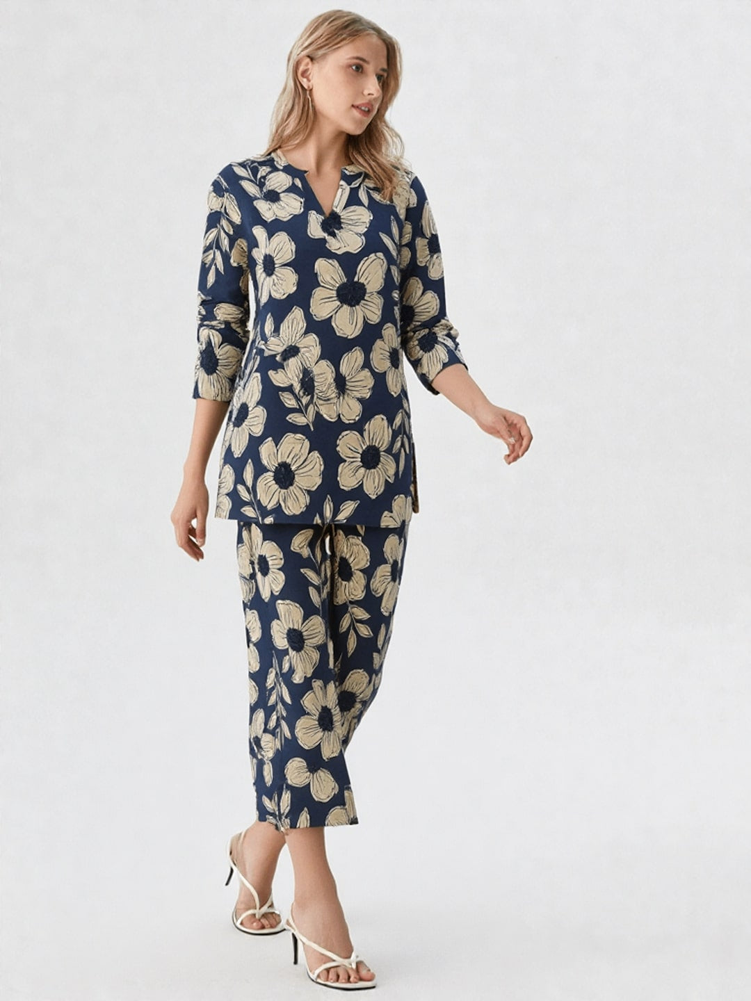 Printed V-Neck Pure Cotton Tunic With Trouser